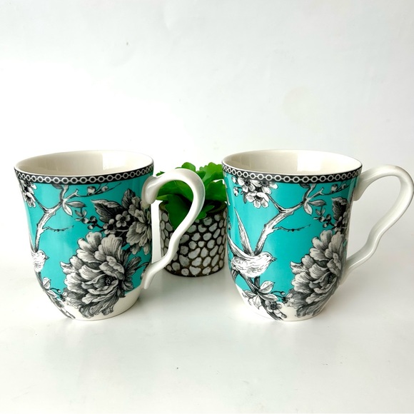 222 Fifth Other - 222 Fifth Adelaide Turquoise Floral Bird Mug Tea Cup Porcelain Fine China Set 2